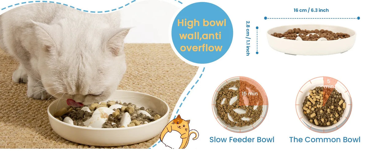 Pink whale-shaped cat slow feeding bowl with raised edge and non-slip base on a floor