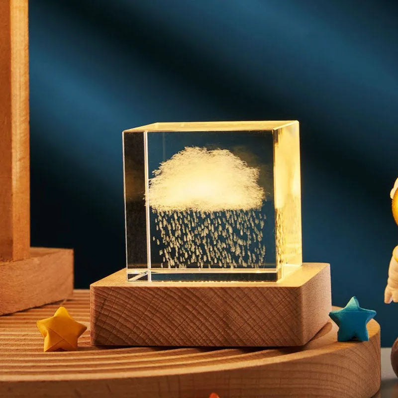 3D crystal cube night light with glass lampshade showing dimensional patterns in warm light