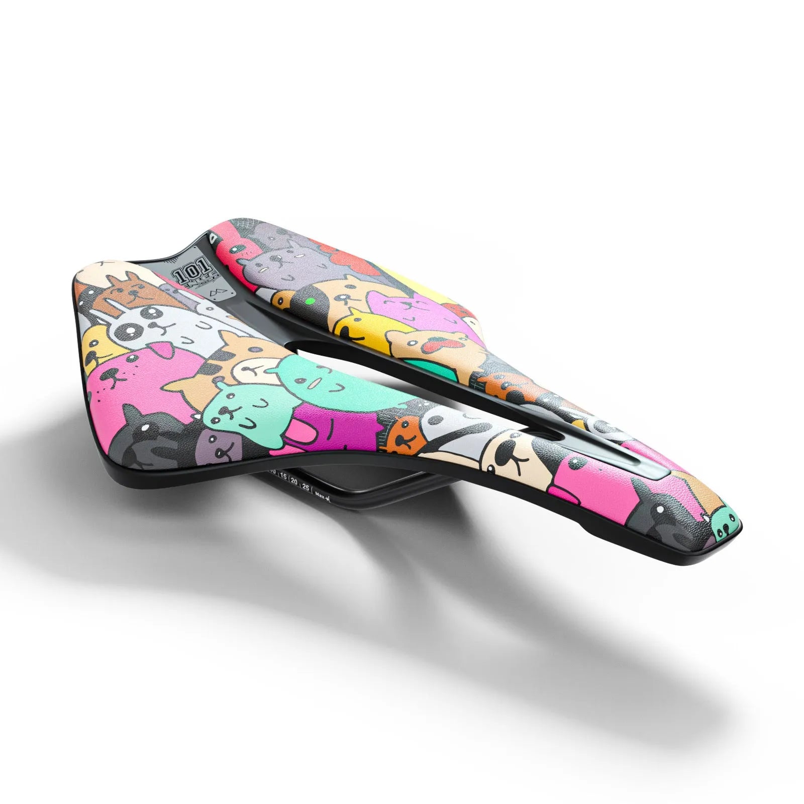 Ultra-light EVA cushion bike saddle with hollow design in PU leather, shown in multiple colour options.