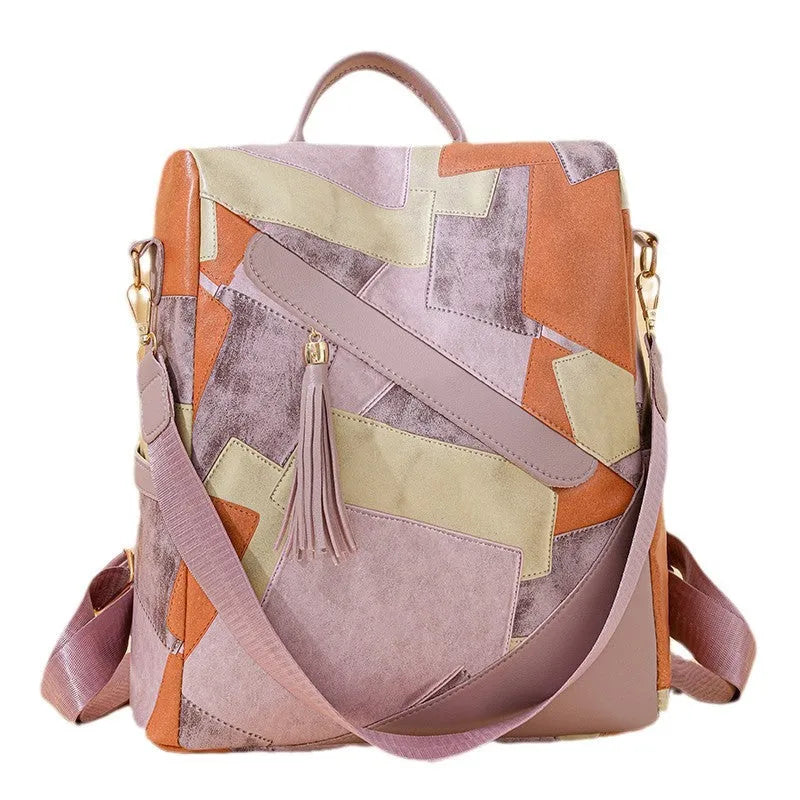 Large capacity retro patchwork casual bag in black, PU leather, 20 litres, crossbody style