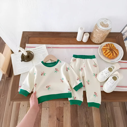 Baby cotton suit set in green with long sleeves and pants, front view