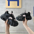 Women's fashion casual sneakers with thick bottom and cross shoulder strap in pink, black, and beige