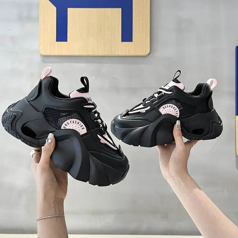 Women's fashion casual sneakers with thick bottom and cross shoulder strap in pink, black, and beige