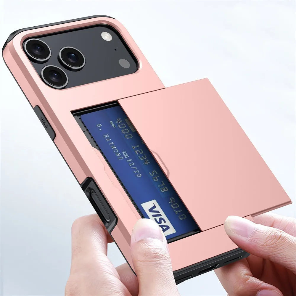 iPhone case with a sliding card cover open, shown in Army Green colour on a table.