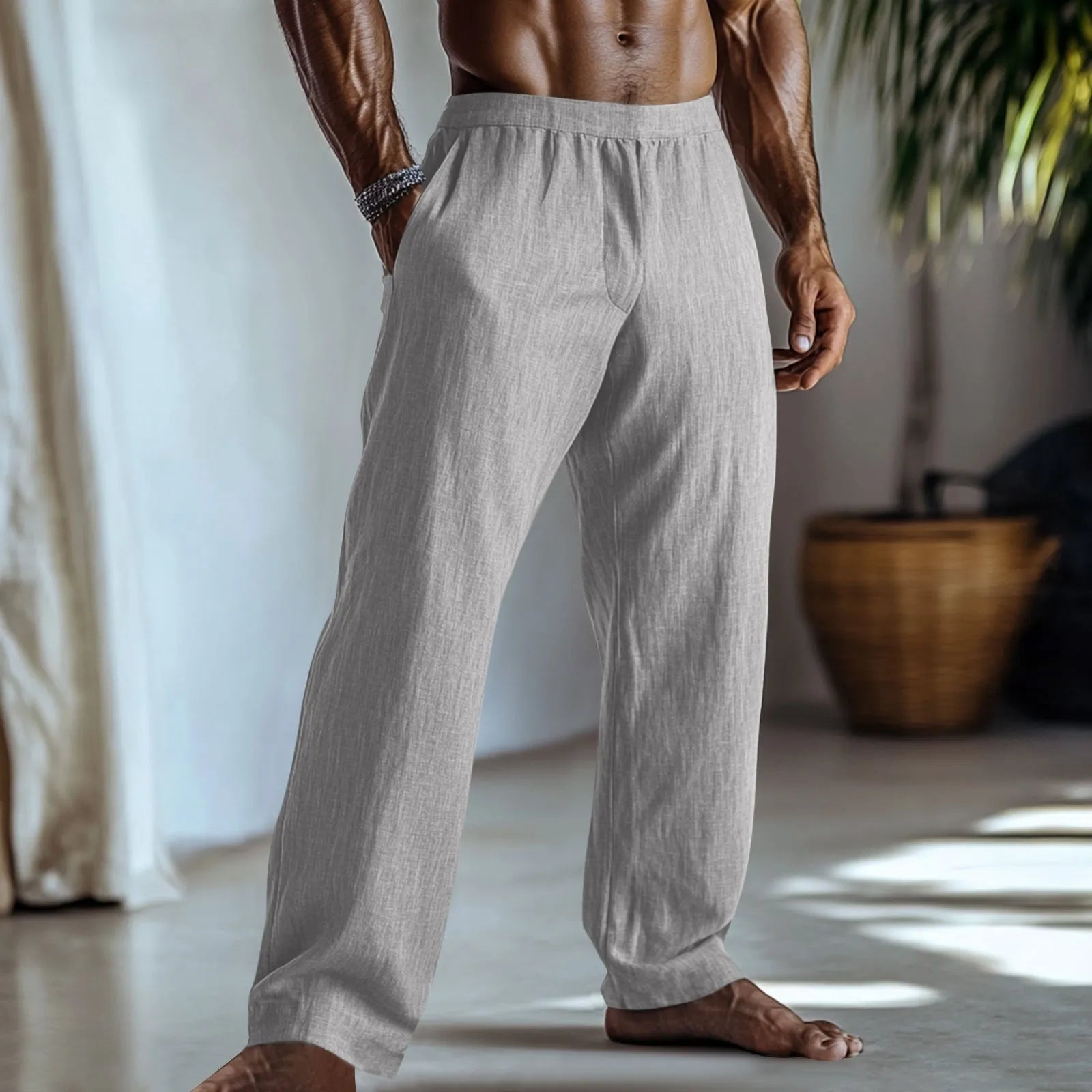 Cotton and linen straight-leg casual trousers in British style with straight leg openings