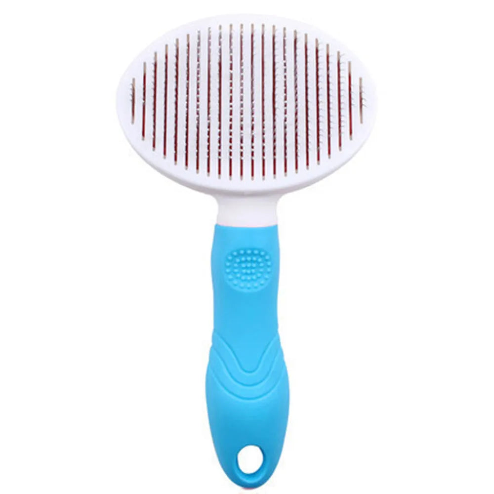 Blue automatic hair removal pet comb with TPR non-slip grip and button shaved design on white background