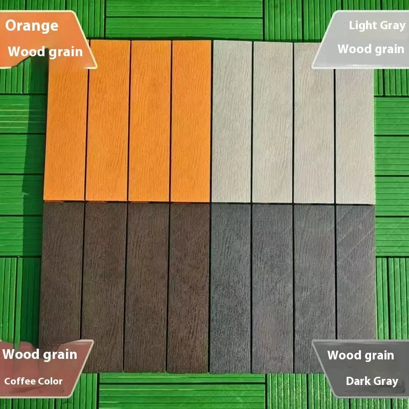 Ten wood grain plastic floor tiles stacked, showing dark grey and light grey colour options with non-slip texture.