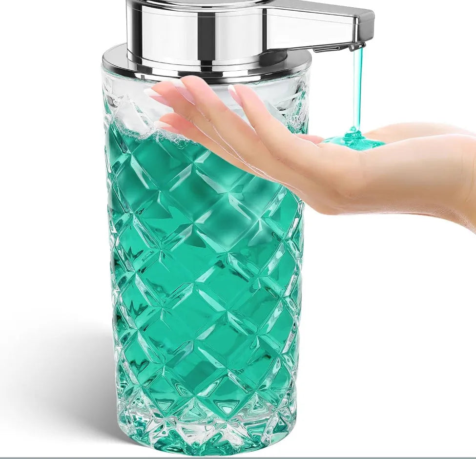 Silver automatic soap dispenser with USB Type-C charging port on a bathroom counter.