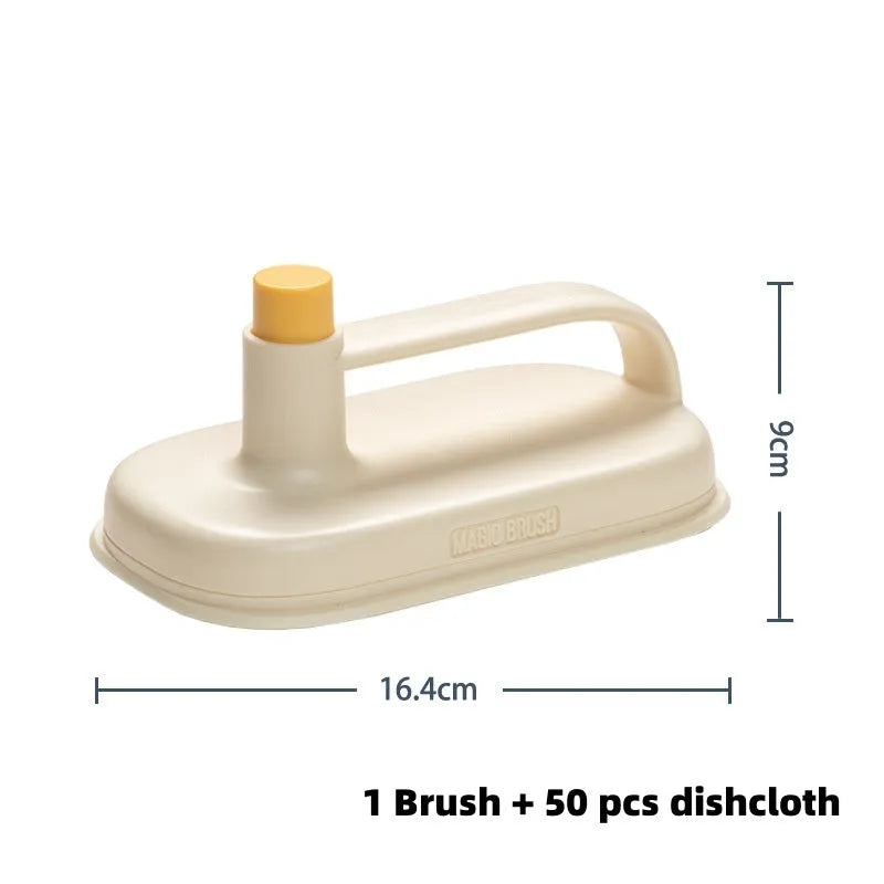 Disposable Magic Brush cleaning tool with plastic handle and stack of 50 white non-woven fabric refill rags.