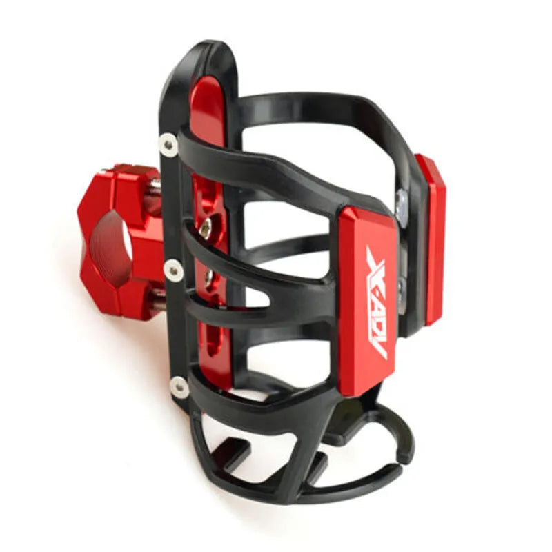 Black water bottle cage mounted on Honda scooter bumper with hydration bottle