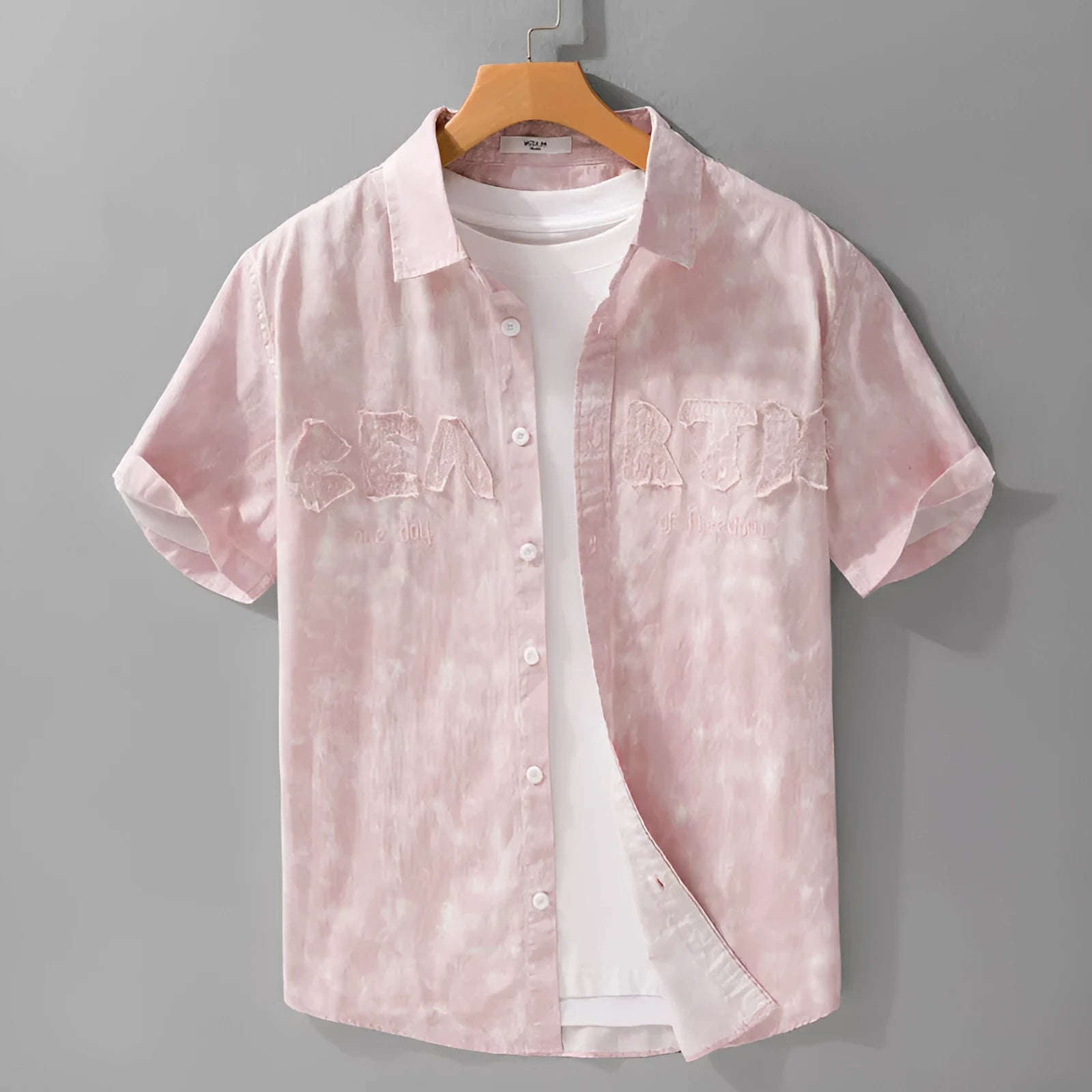 Men's grey white loose fit cotton short sleeve cardigan with a hanging dyed print design