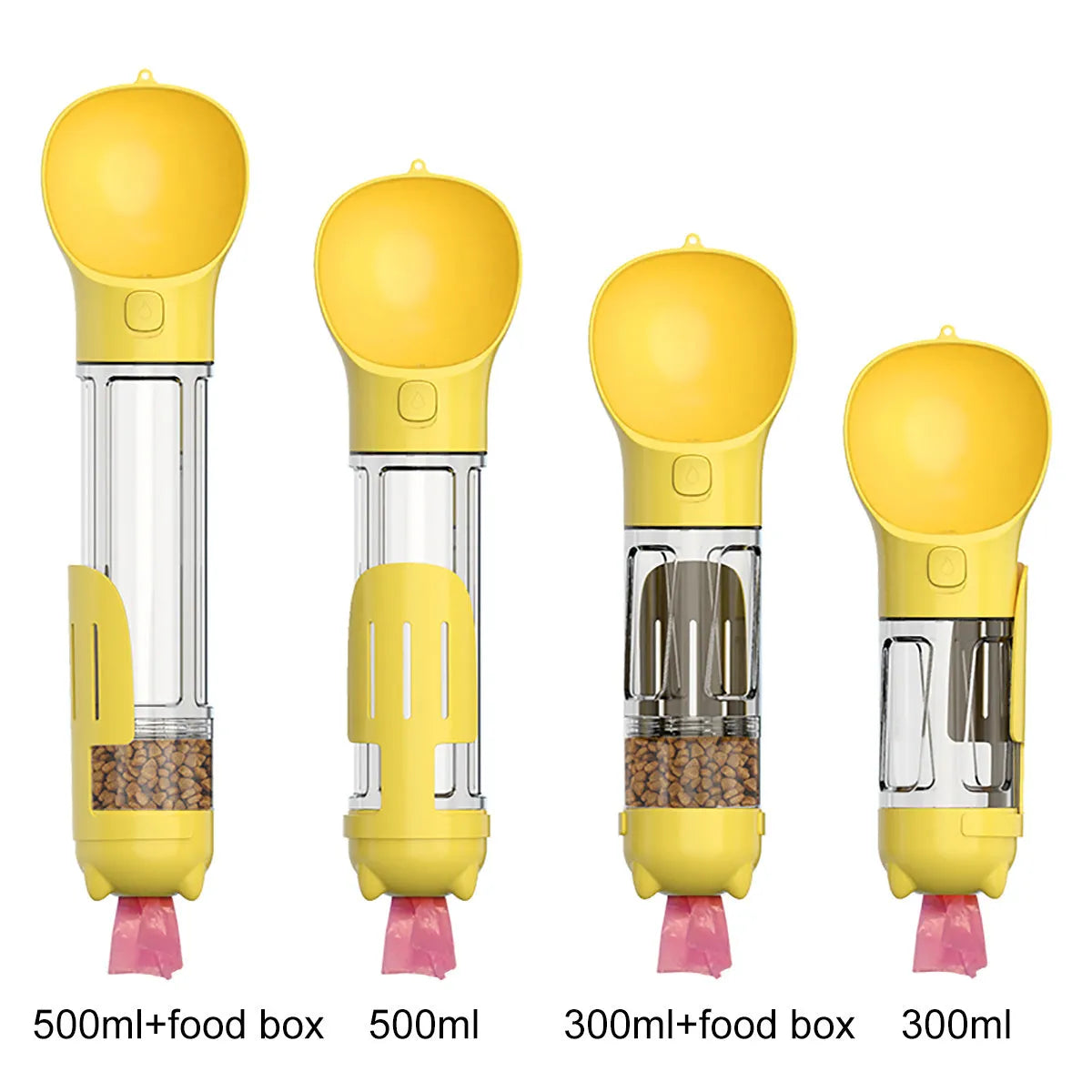 Pet multi-functional water bottle 300ml in yellow with built-in waste bag compartment and side shovel