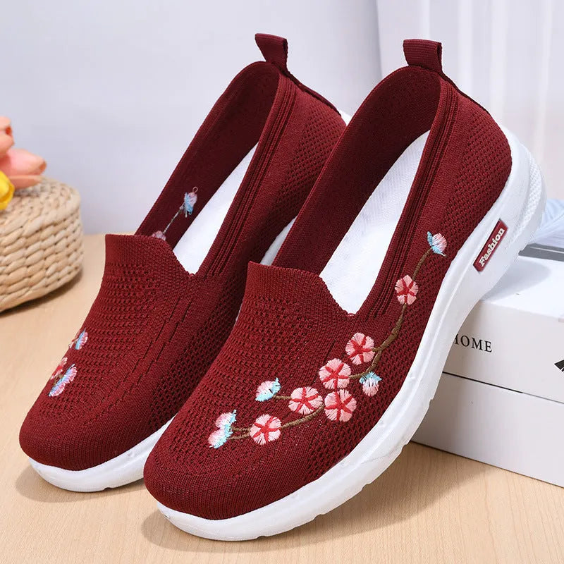 Women's embroidered woven casual pump in wine red with flat low heel and anti-slip sole