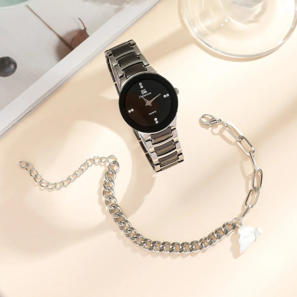 New fashion simple all-match couple watch and heart bracelet set for women, 11mm thickness, casual style, OPP packaging
