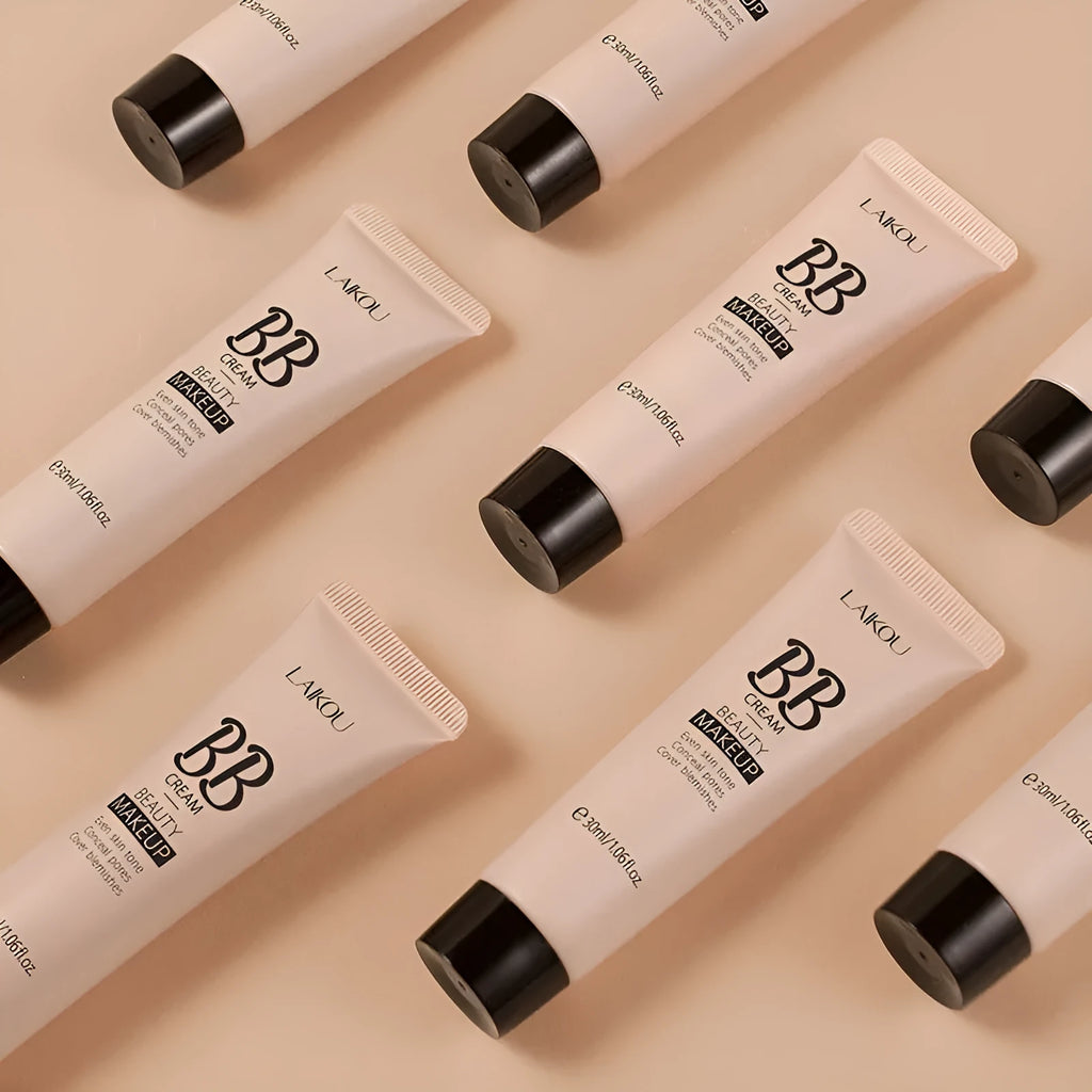 30ml tube of BB cream makeup shown with nine shade options from light to dark.