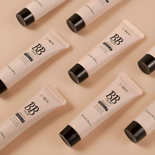 30ml tube of BB cream makeup shown with nine shade options from light to dark.