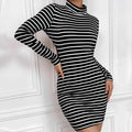 Sexy backless high-neck long-sleeve striped knit dress in black and white with tight pencil skirt fit