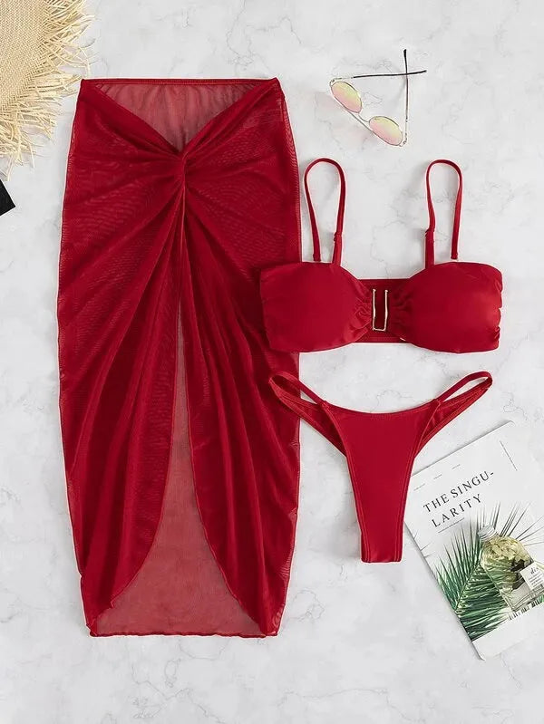 Women's three-piece bikini set with long culotte skirt in multiple solid colours