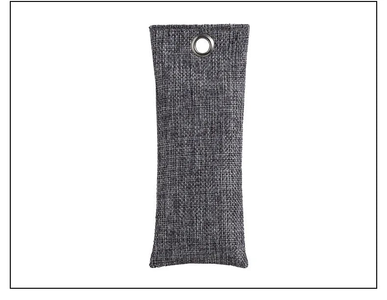 Black bamboo charcoal deodorising bag for shoes measuring 16.5 by 6.5 centimetres