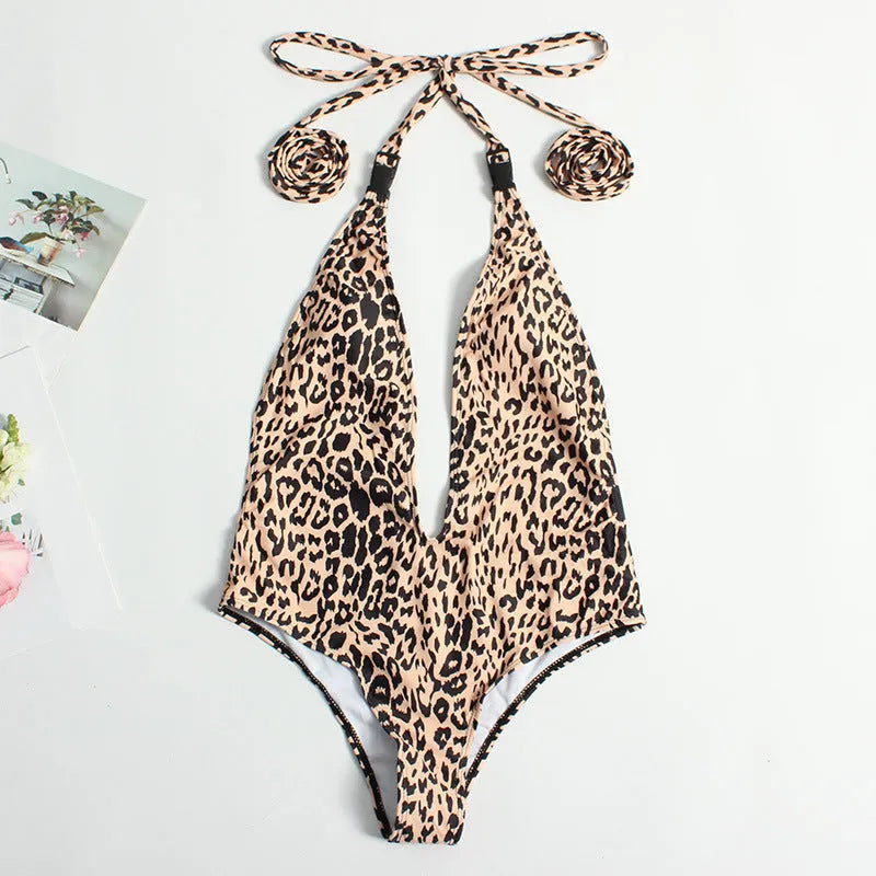 Women's one-piece bandage swimsuit leopard print backless European American style nylon fabric size S-XXL