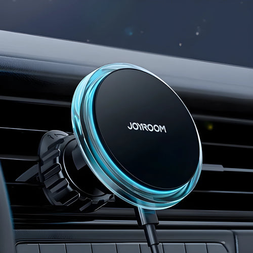 Black magnetic wireless charging phone mount attached to a car air vent.
