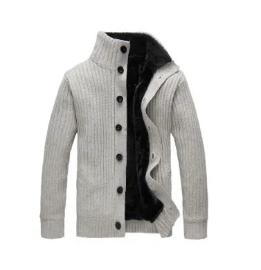 Men's cotton vinylon blend cardigan sweater with standing collar, black colour, thick long sleeves