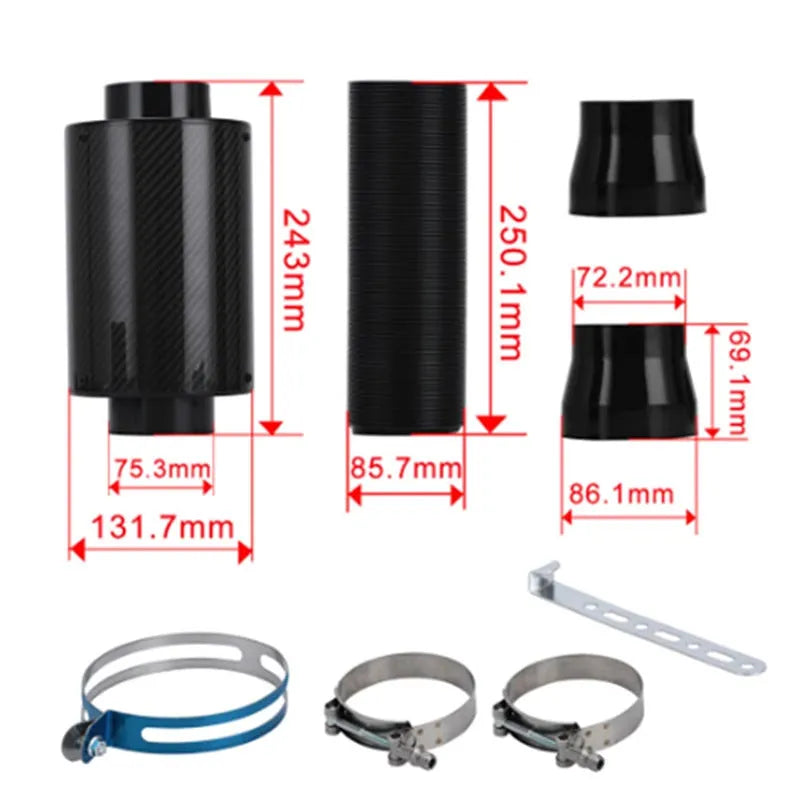 Car modification turbo high flow air box kit in black carbon fibre with stainless steel clamps on a workbench