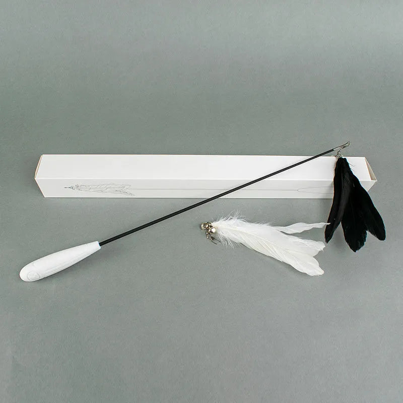 Telescopic cat fishing rod toy with goose feather lures and a bell, shown extended and collapsed.