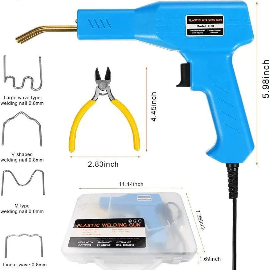 Red plastic welding gun with pure copper transformer, 200 nails, and pliers knife in black storage box