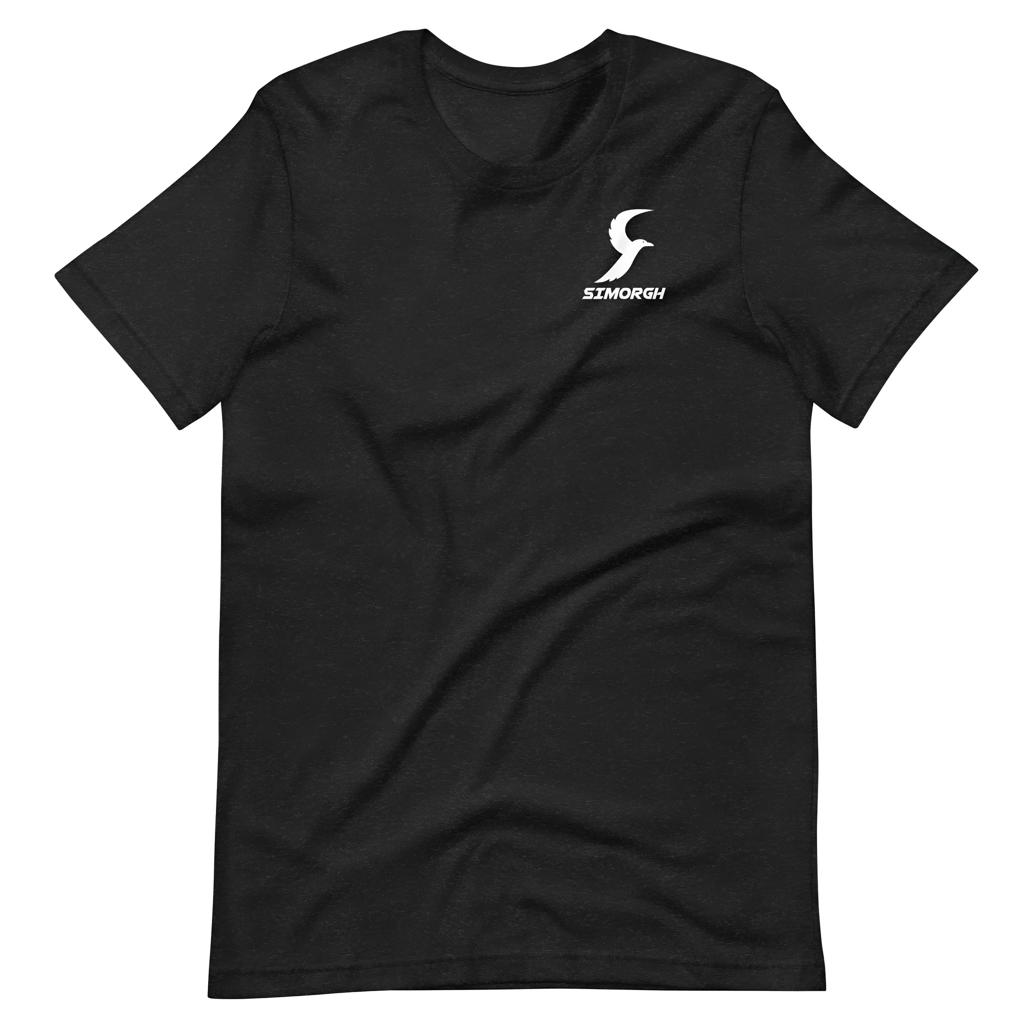 A black, short-sleeved cotton T-shirt for men and women on a hanger.
