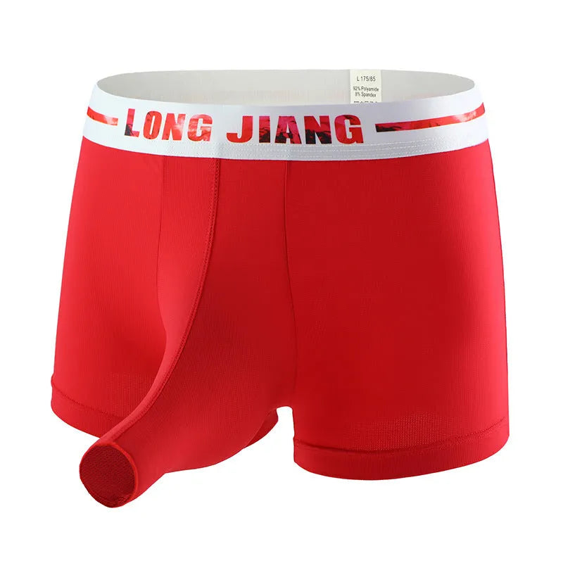 Men's solid colour ice silk boxer shorts in a mid-waist design on a white background.