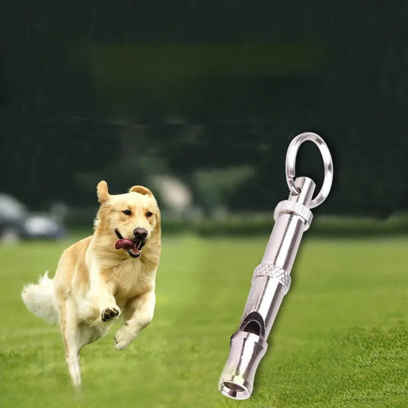 Metallic adjustable ultrasonic dog whistle for training and barking control.