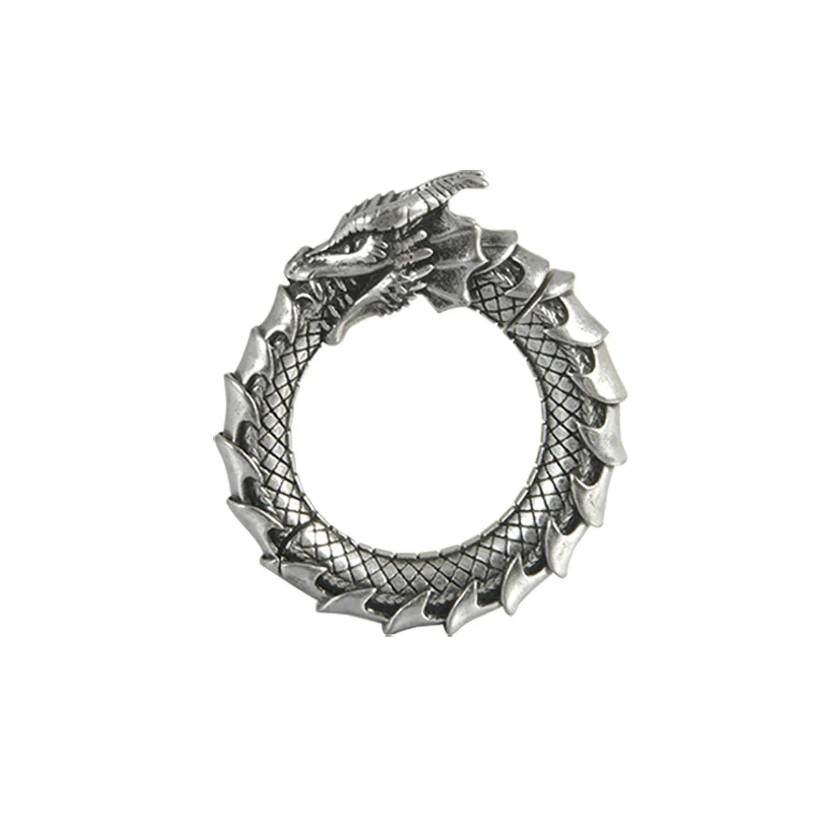 Large hollow out stainless steel earrings with an antique silver dragon design.