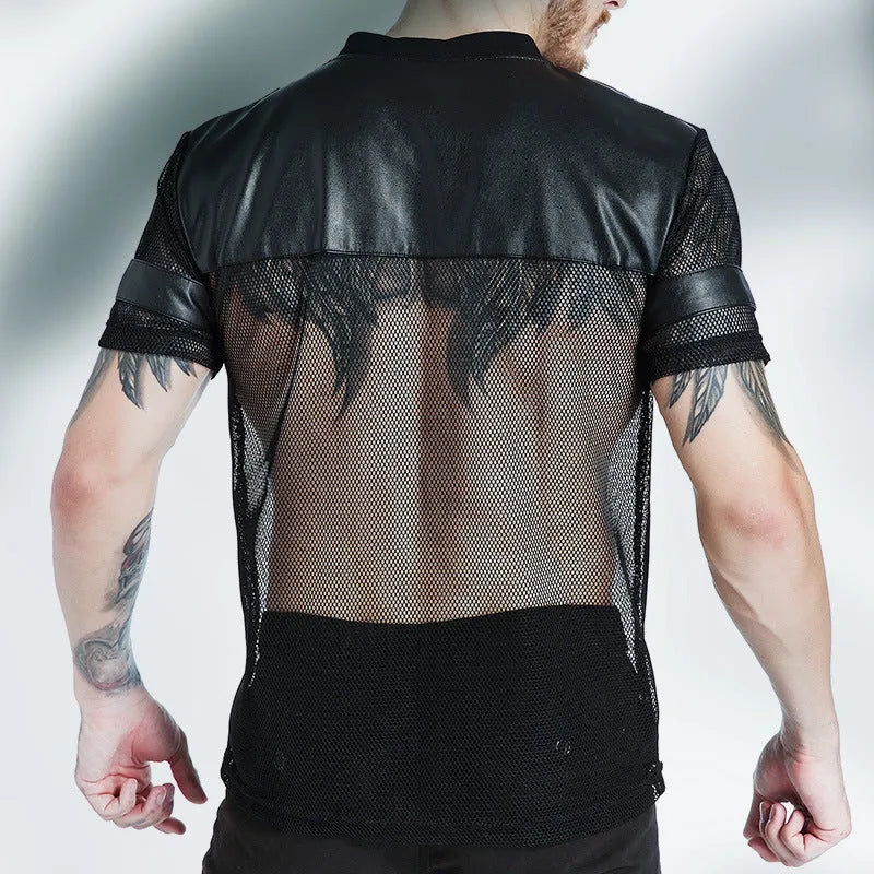 Black men's mesh sports T-shirt with V-neck and stitching collage detailing