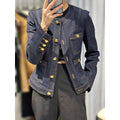 Dark blue sleeveless denim short coat for women in chenille fabric with spandex stretch, early autumn style