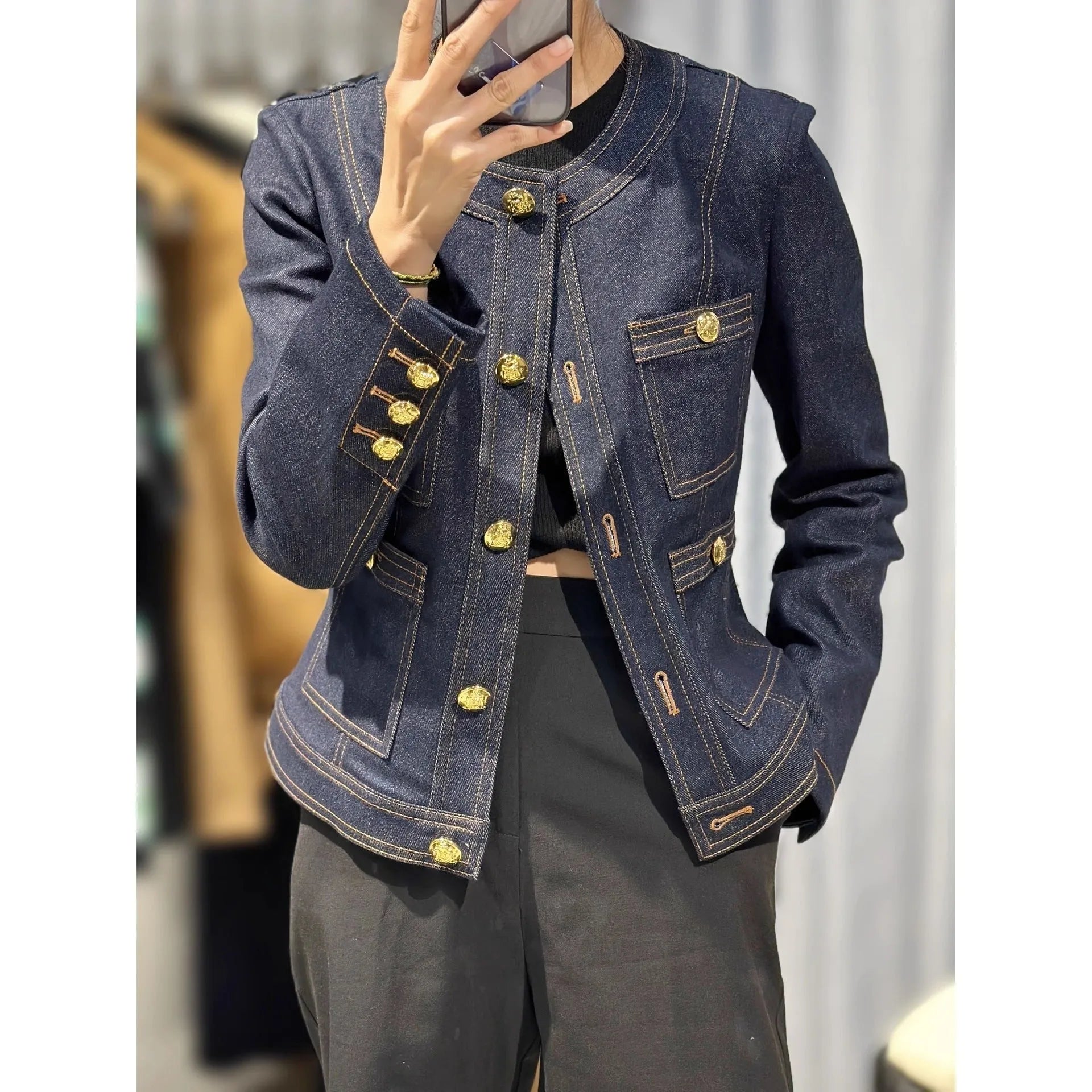 Dark blue sleeveless denim short coat for women in chenille fabric with spandex stretch, early autumn style