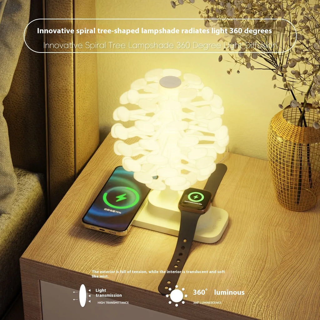 Geometric spiral tree LED table lamp with white light on desk