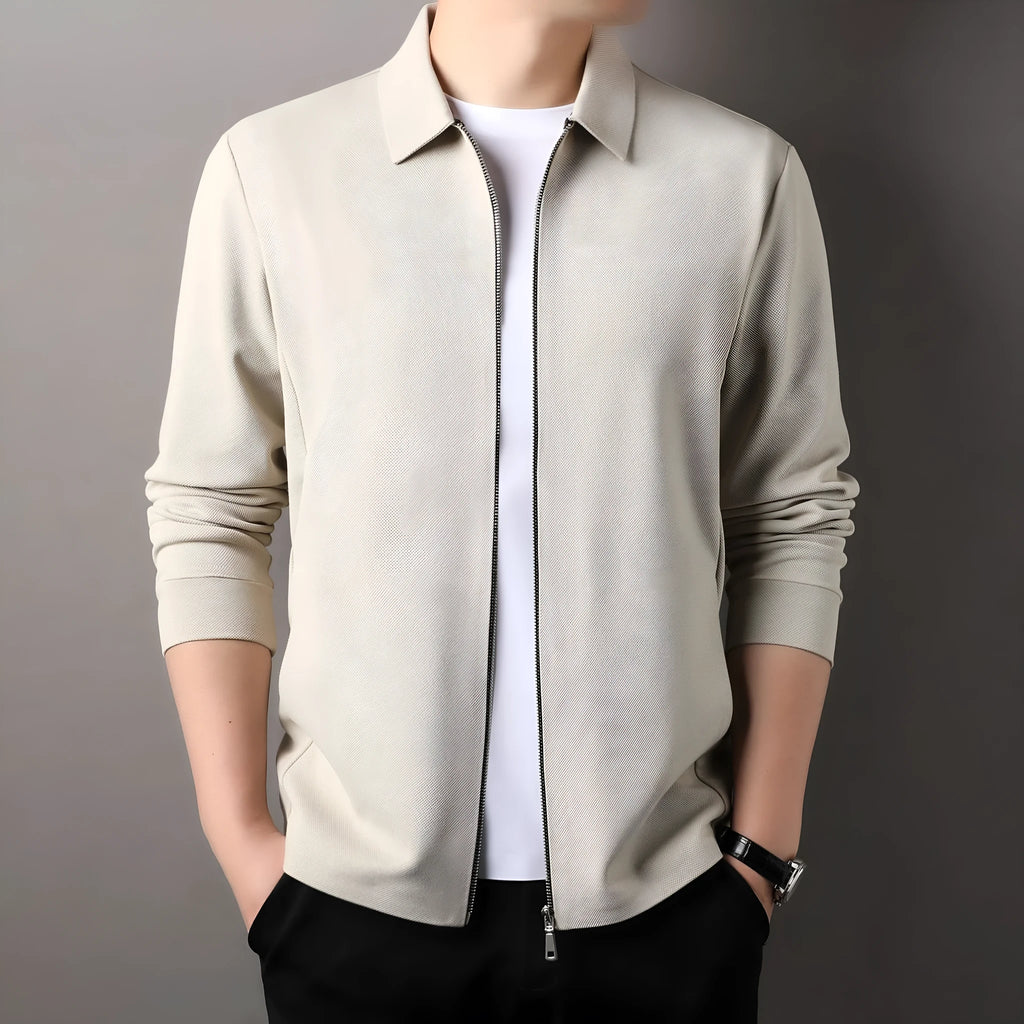 Men's straight-hem polyester jacket in apricot, shown on a hanger.