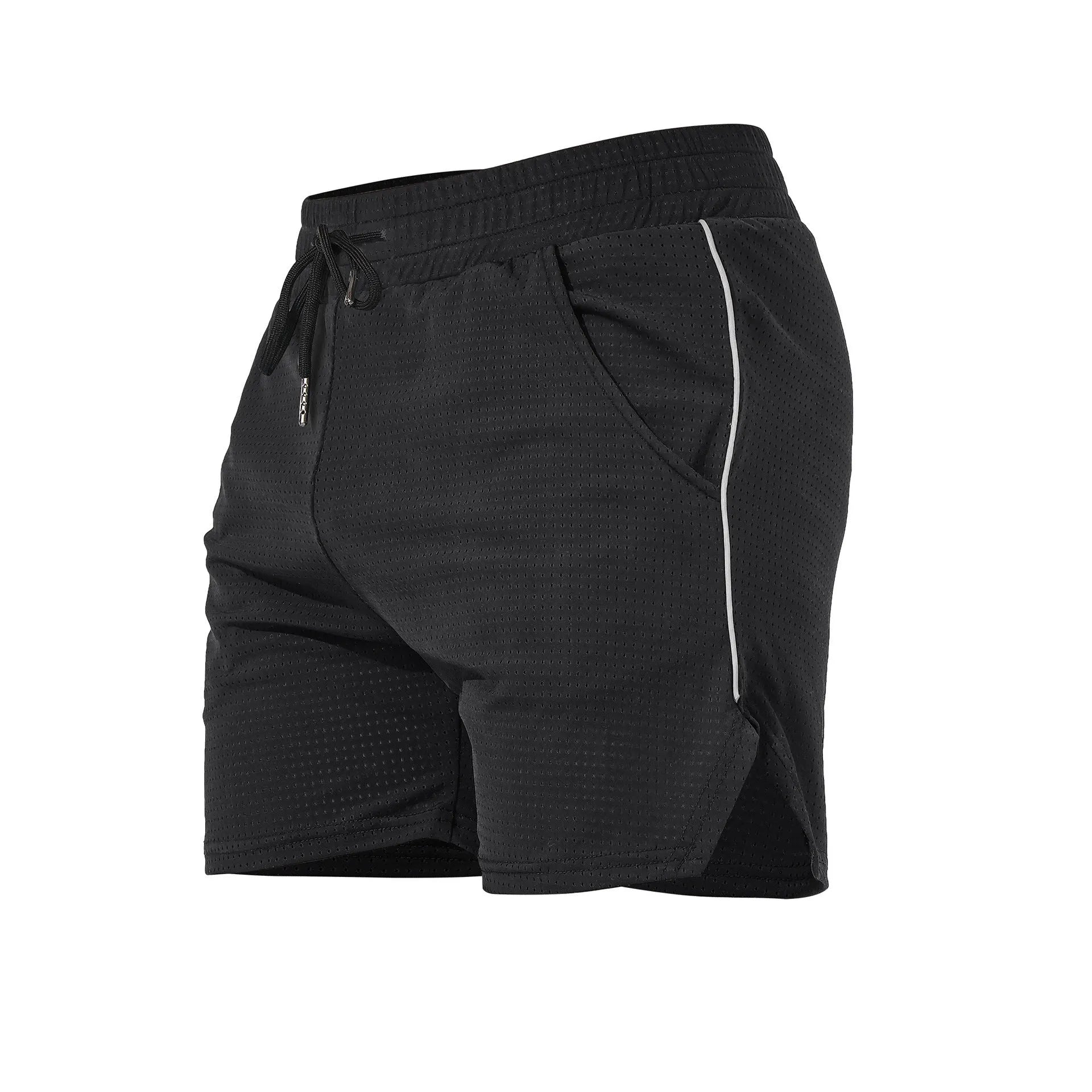 Men's straight cut polyester sports shorts in black, grey, navy, and red colours.