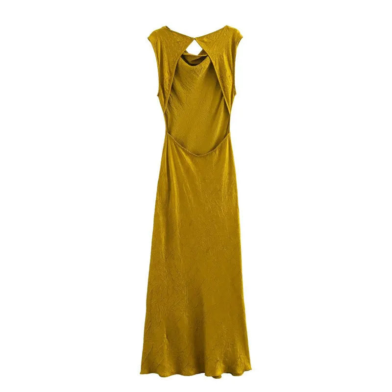 Women's sleeveless V-neck long dress in golden yellow with lace-up detail, polyester fabric, solid colour, street fashion style