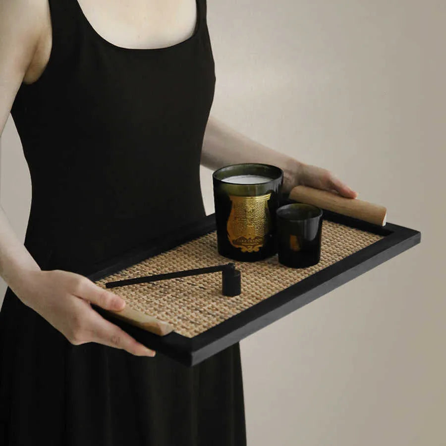 Natural pine wood compartment tray with separate sections for tea and snacks