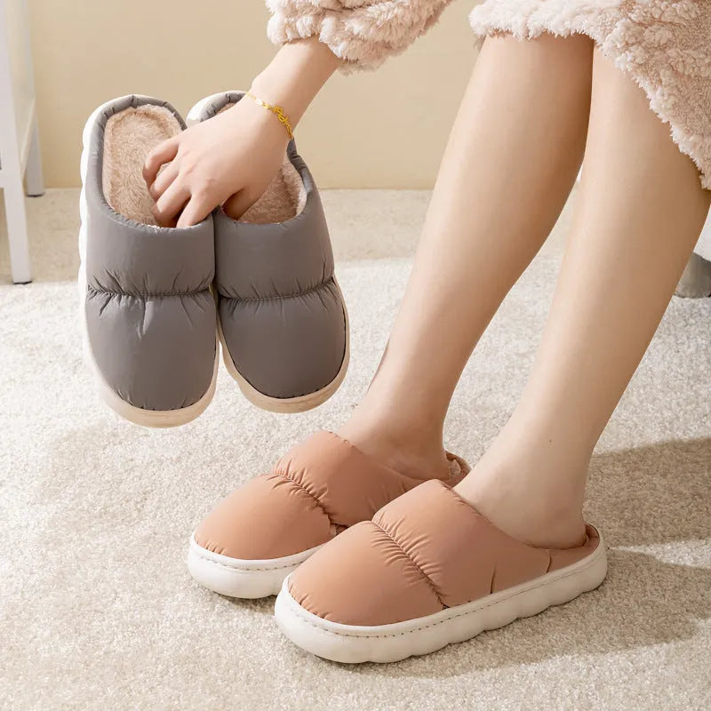 Winter indoor slippers with artificial leather upper, rubber anti-slip sole, and plush lining