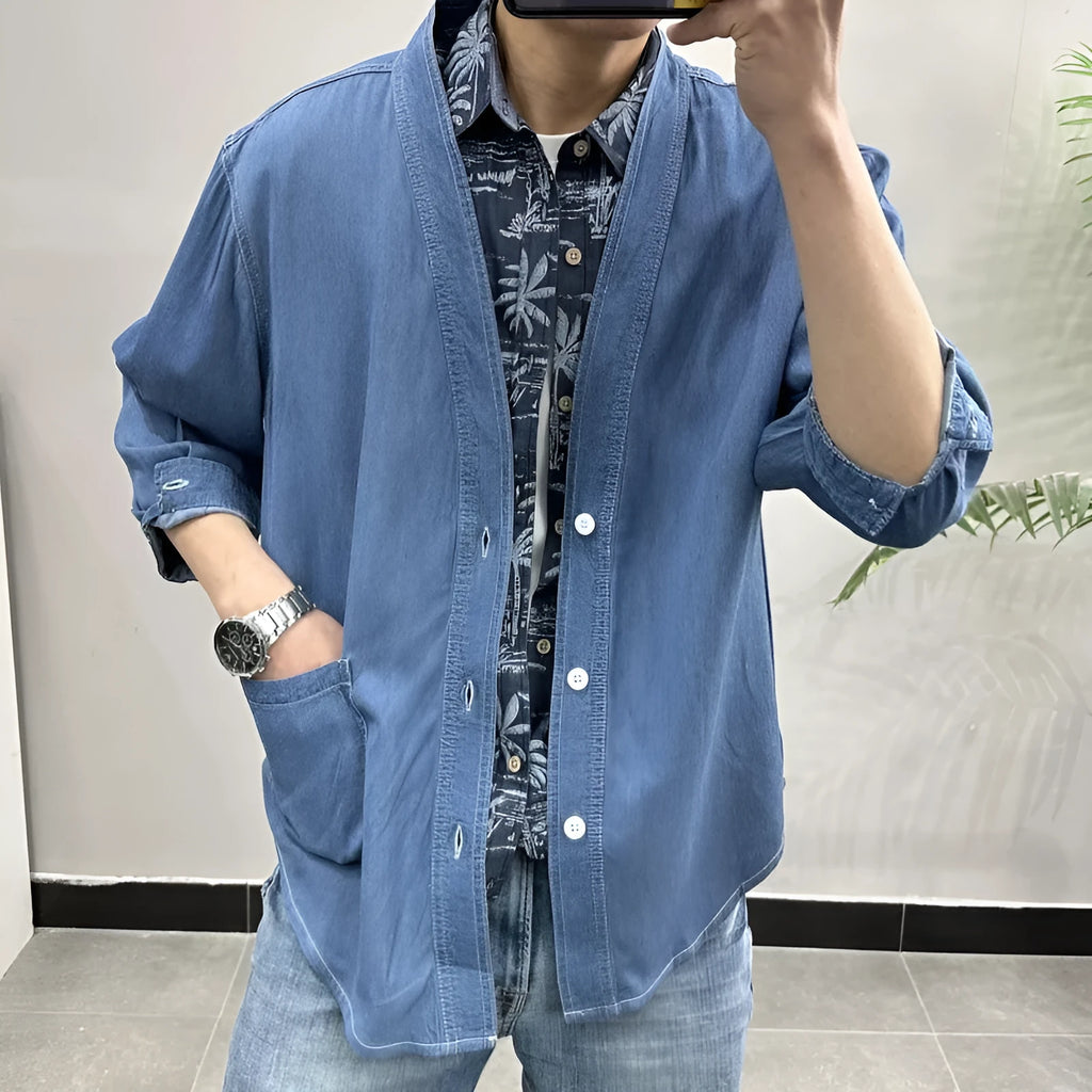 Men's dark blue casual denim coat with three-quarter sleeves and V-neck