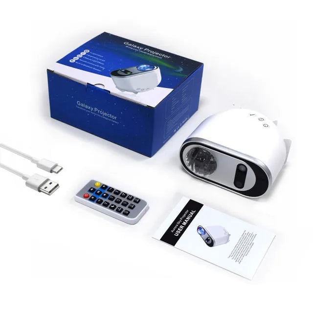 Aurora Borealis star projector lamp with remote control, white ABS body, projecting green stars and Northern Lights