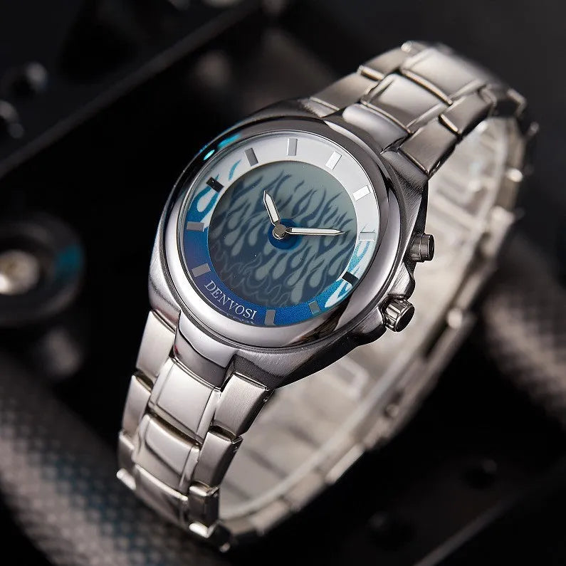 Y2K vintage style digital watch with dual display showing red dial and alloy strap with stainless steel buckle