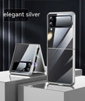 Hard PC transparent electroplating back cover phone case for Samsung Z Flip 3 5G, Z Flip 4, and W23 Flip in black, blue, and silver