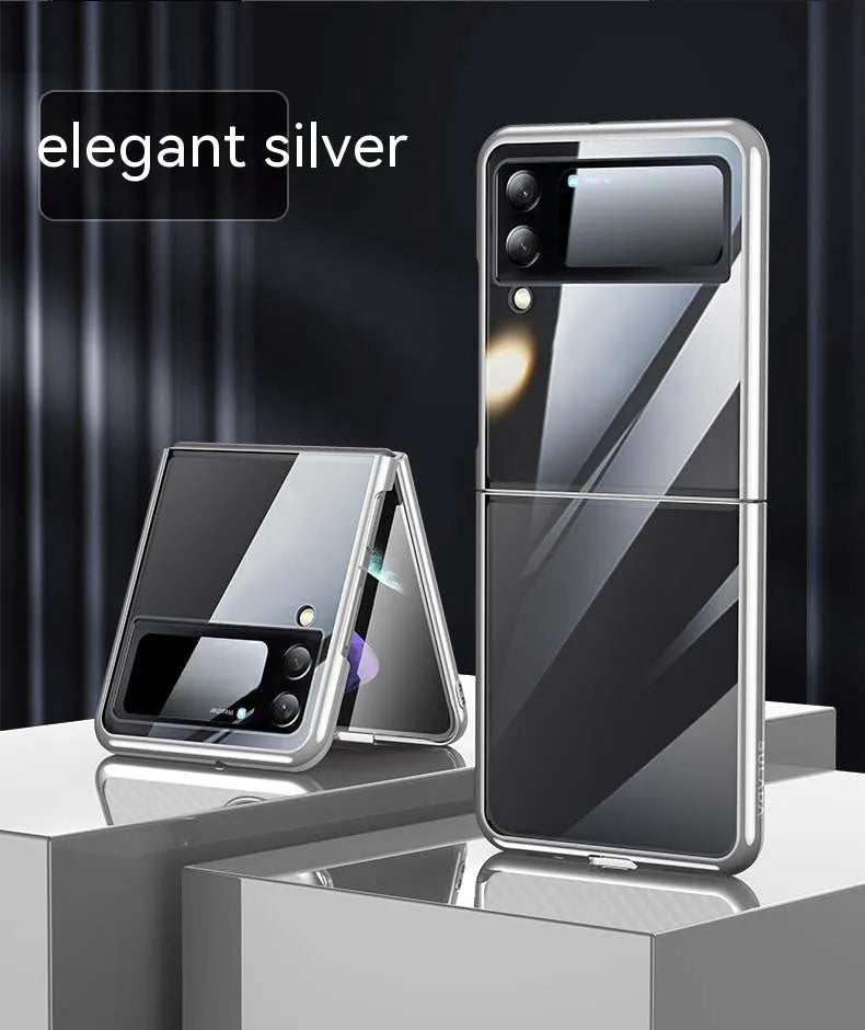 Hard PC transparent electroplating back cover phone case for Samsung Z Flip 3 5G, Z Flip 4, and W23 Flip in black, blue, and silver
