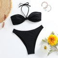 Black polyester women's bikini set with lace-up tube top and briefs swimwear