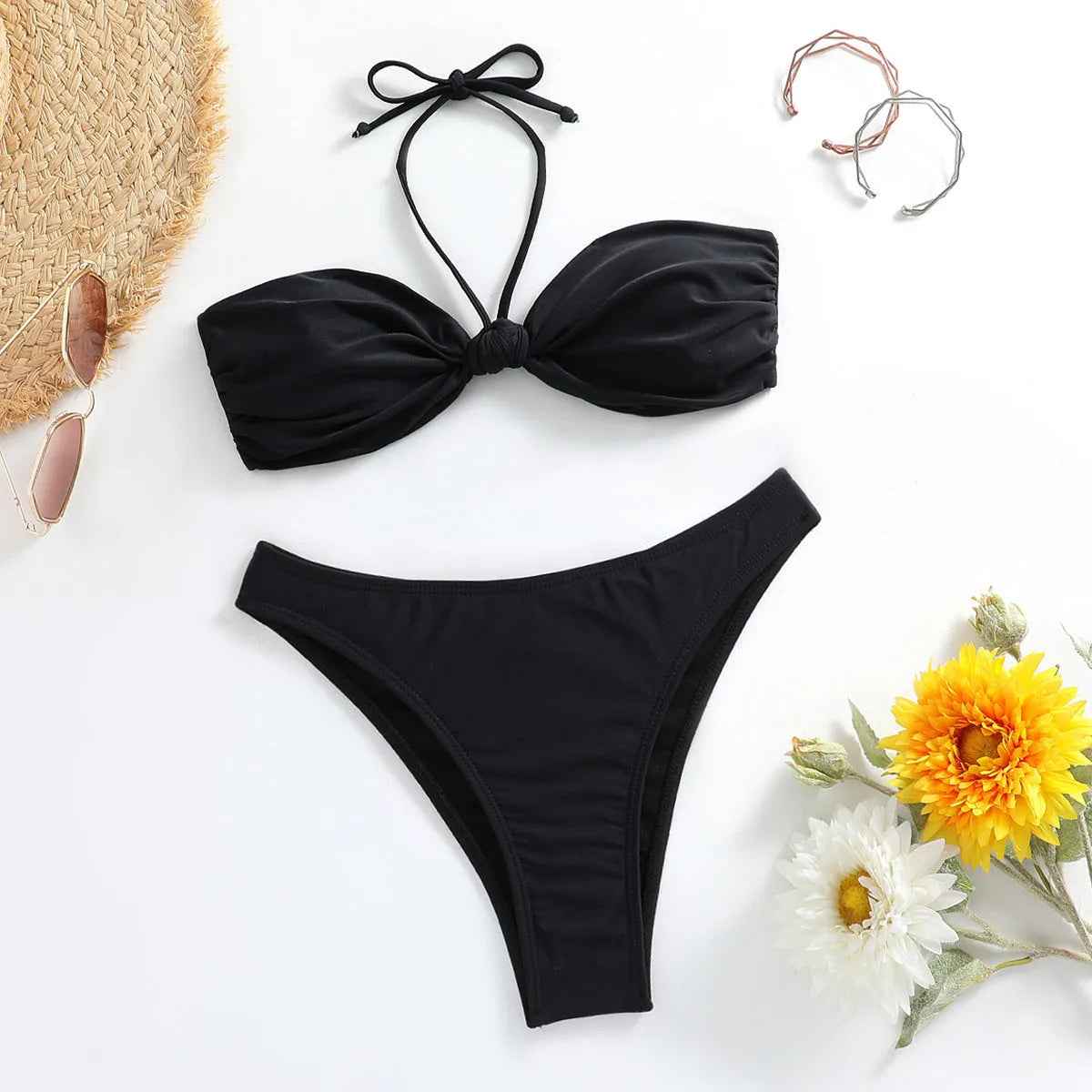 Black polyester women's bikini set with lace-up tube top and briefs swimwear