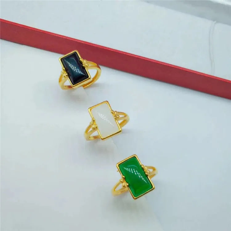 Adjustable gold-plated brass ring with artificial gemstone in national style design